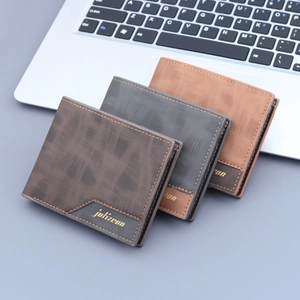 Men's bifold short wallets in coffee, blue and brown with cross-weave texture
