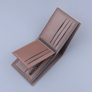 Men's vintage bifold wallet in dark brown and black leather with multiple card slots