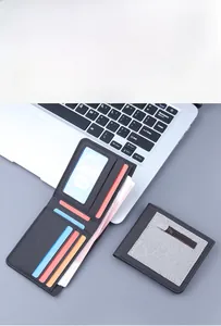 Detailed interior of slim canvas wallet showing credit card slots and an ID window