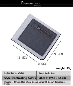 Detailed size parameters of the slim canvas bifold wallet with multiple card slots