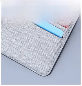 Close-up of grey canvas wallet with reinforced stitching and colored card slots