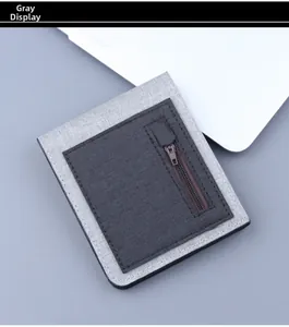 Close-up of minimalist grey canvas wallet with zipper pocket and fabric texture