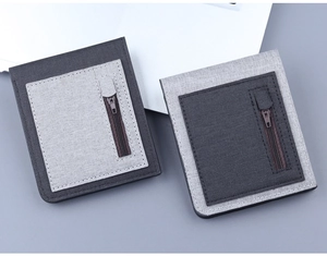 Close-up of slim men's canvas wallets in grey tones with durable zippers and neat stitching