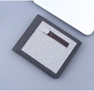 Close-up of minimalist bifold canvas wallet with zipper pocket and stitching details