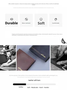 Detail of durable top grain leather wallets showing craft stitching and brand logo