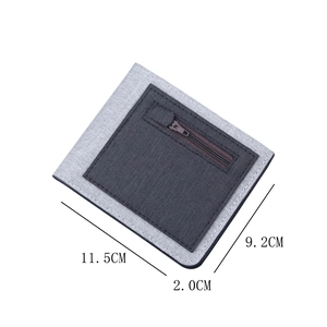 Slim bi-fold canvas wallet for men in grey fabric with zipper pocket and dimensions