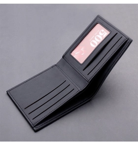 Detailed view of the black bifold wallet interior featuring multiple card slots