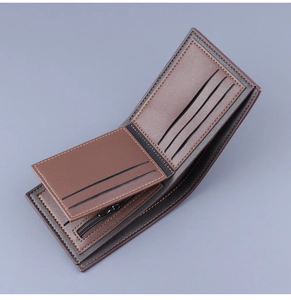 Internal layout of brown bifold wallet showing card slots and zipper pocket