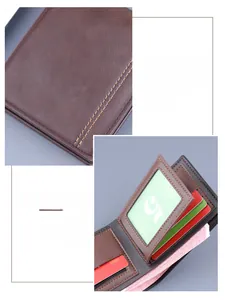 Detail view of multi-slot men's leather wallet with dual contrast stitching and ID window