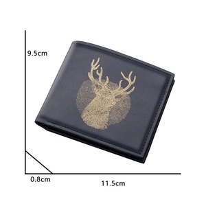 Slim black PU leather men's bifold wallet with golden deer logo and size dimensions