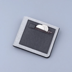 Slim men's gray canvas folding wallet with front zipper pocket and coin storage feature
