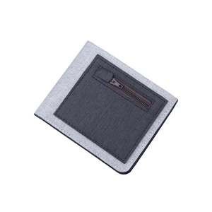 Slim bi-fold canvas wallet for men featuring a grey textured weave and front zipper pocket