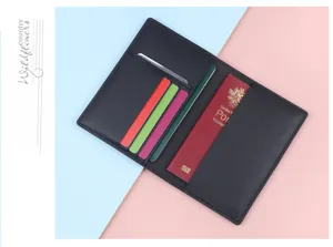 Detail of black leather passport holder showing multiple card slots and internal storage