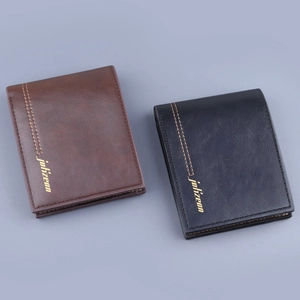 Short bi-fold men's leather wallet in dark brown and black with contrast orange stitching