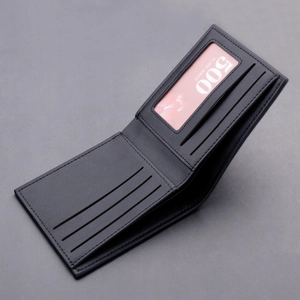 Slim black leather bi-fold wallet for men with multiple card slots and ID window
