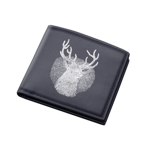 Slim bifold men wallet in dark blue leather with retro white stag deer illustration