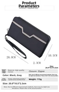 Canvas men's long wallet showing 20x10.5x2.3cm dimensions with a secure wrist strap