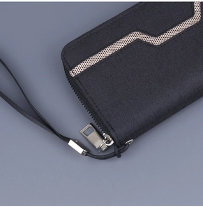 Detailed close-up of durable black canvas wallet texture and sturdy metal zipper closure