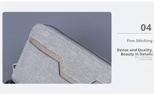 Detail shot of light grey canvas clutch showing precise stitching and zipper texture