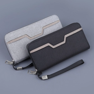 Men's Long Canvas Wallet Large Capacity Zipper Clutch Bag With Wrist Strap Geometric Pattern Card Holder For Mobile Phone Daily Use