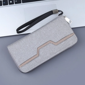 Men's canvas long zipper clutch wallet in grey fabric with geometric pattern and wrist strap