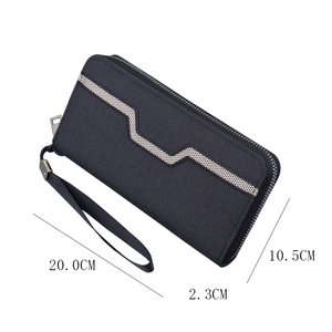 Men's large capacity canvas long wallet with zipper, wrist strap and geometric pattern