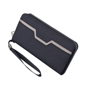 Men's canvas long zipper wallet in dark grey with wrist strap and geometric pattern