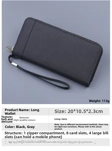 Detail view of black canvas wallet with dimensions 20x10.5x2.3cm and 113g weight