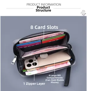 Internal view of grey canvas wallet showing 8 card slots and large capacity for smartphone