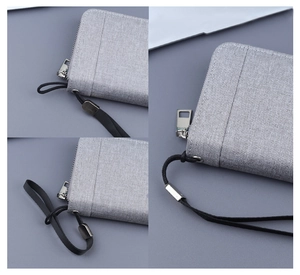 Macro detail of grey canvas wallet zipper and durable nylon wrist strap craftsmanship