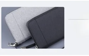 Detail view of fine stitching and metal zipper on high-capacity canvas men's wallet