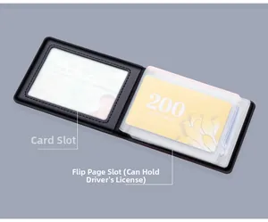 Dettaglio del porta documenti in pelle con scomparti per carte e patente di guida