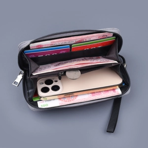 Grey canvas long zipper wallet for men with multi-card slots and large phone capacity