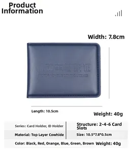 Blue top grain leather license holder with size specs and multi-slot internal structure