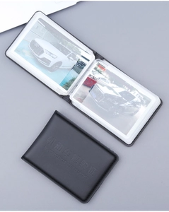 Detailed view of the black leather driving license holder with multiple card slots