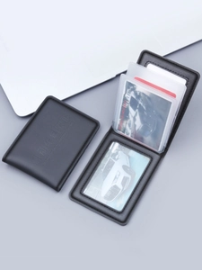 Genuine leather driving license cover with card slots shown in open and closed views