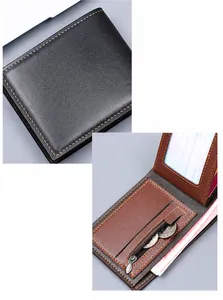 Detail of men's tri-fold wallet showing multiple card slots and zipper coin pocket