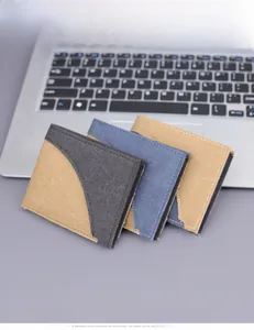 Three canvas tri-fold wallets in black, khaki and navy with contrast white stitching