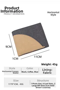 Detail view of denim bifold wallet showing dimensions 11x9x1cm and 45g weight specs