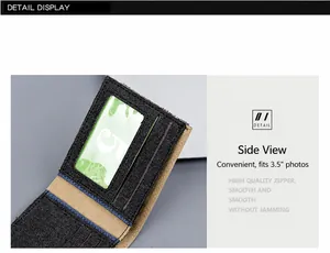 Dettaglio del portafoglio corto in tela denim con slot per foto e porta carte in grigio e kaki