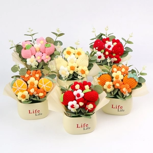 Detailed close-up of six handmade crochet fruit and flower potted desktop ornaments