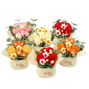 Handmade crochet sunflower fruit bouquets in pots for creative desktop home decoration