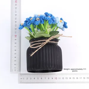 Handmade crochet forget-me-not flowers in black textured pot with dimensions shown