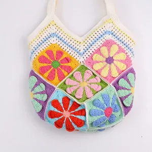 Large capacity floral crochet tote bag with colorful knitted daisy pattern and 30cm scale