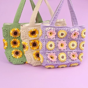 Borsa Tote All'Uncinetto Fatta A Mano Con Motivo Floreale Di Girasole Filato Di Cotone Stile Pastorale Per Donna