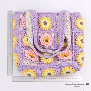 Handmade crochet sunflower tote bag with purple and yellow yarn, dimensions 28x30cm