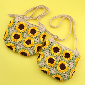 Handmade Crochet Crossbody Bag Women Retro Knit Shoulder Purse With Sunflower Floral Pattern Vintage Pastoral Style