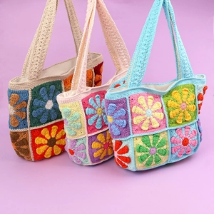 Handmade Crochet Daisy Tote Bag Granny Square Floral Knit Shoulder Handbag For Women Bohemian Casual Style
