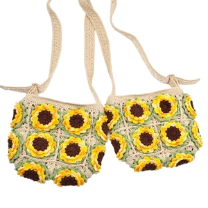 Handmade crochet sunflower crossbody bag with vintage knitted floral pattern and beige strap