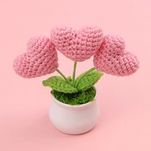 Pianta in vaso con cuori all'uncinetto fatti a mano e vasetto di ceramica bianca